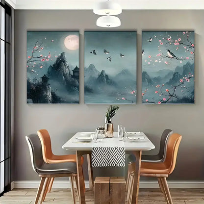 3pcs Floral Full Moon Canvas Metal Print Ready to Hang Art