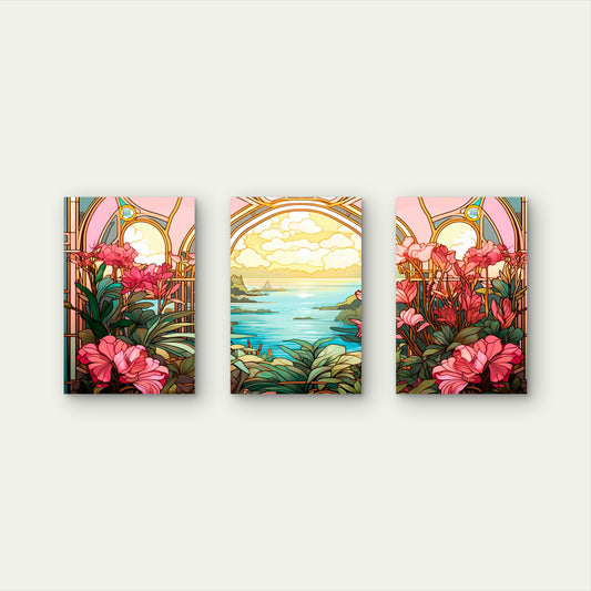 3pcs Art Nouveau Stained Glass Coastal Ocean Arche Metal Print Ready to Hang Art