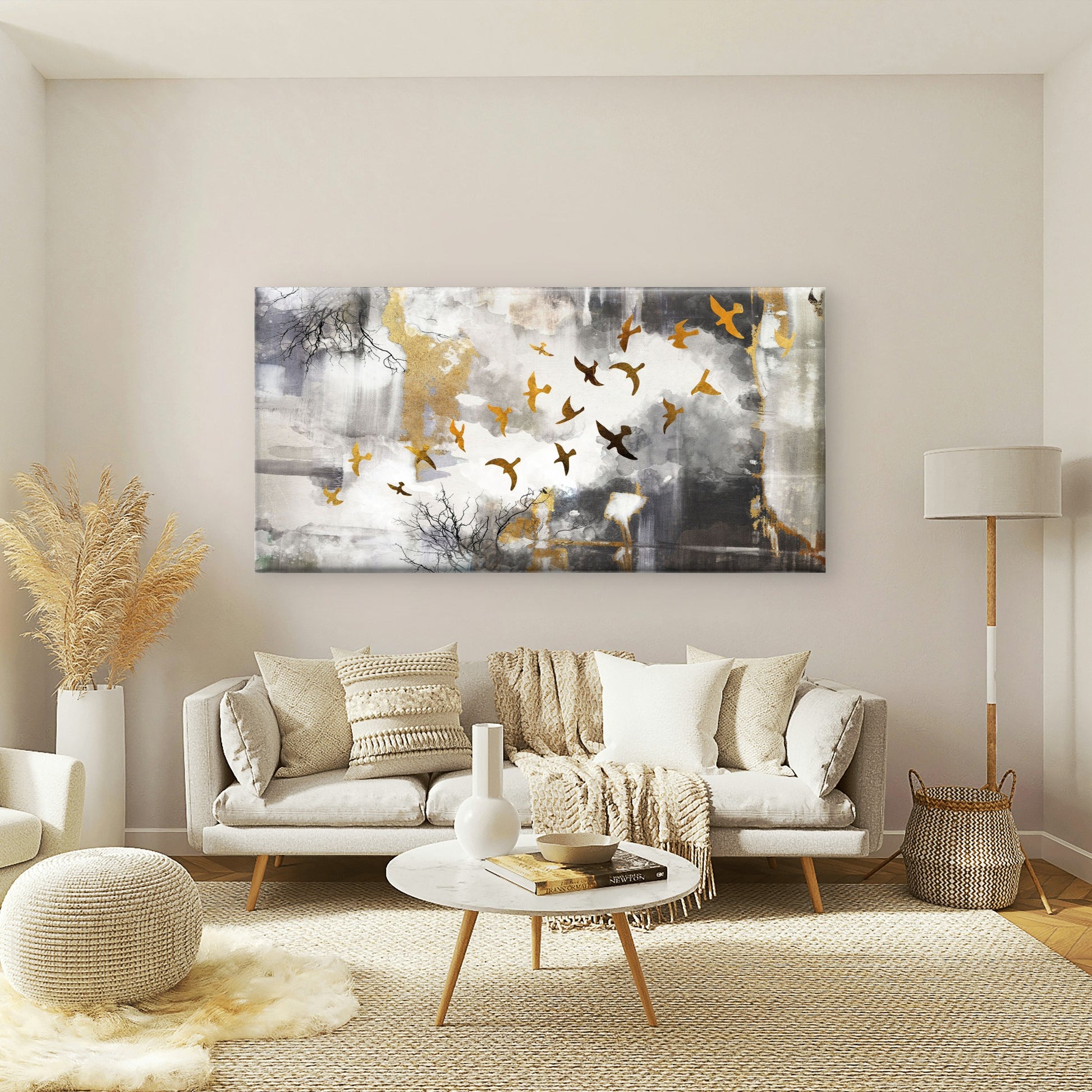 Abstract Gold Bird Flock Grey Tree Wall Art Canvas Office Home Framed 120x60cm