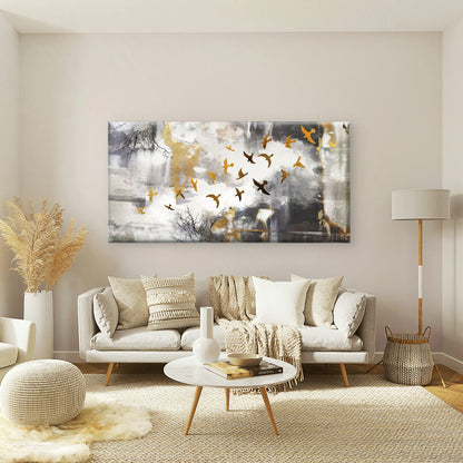 Abstract Gold Bird Flock Grey Tree Wall Art Canvas Office Home Framed 120x60cm