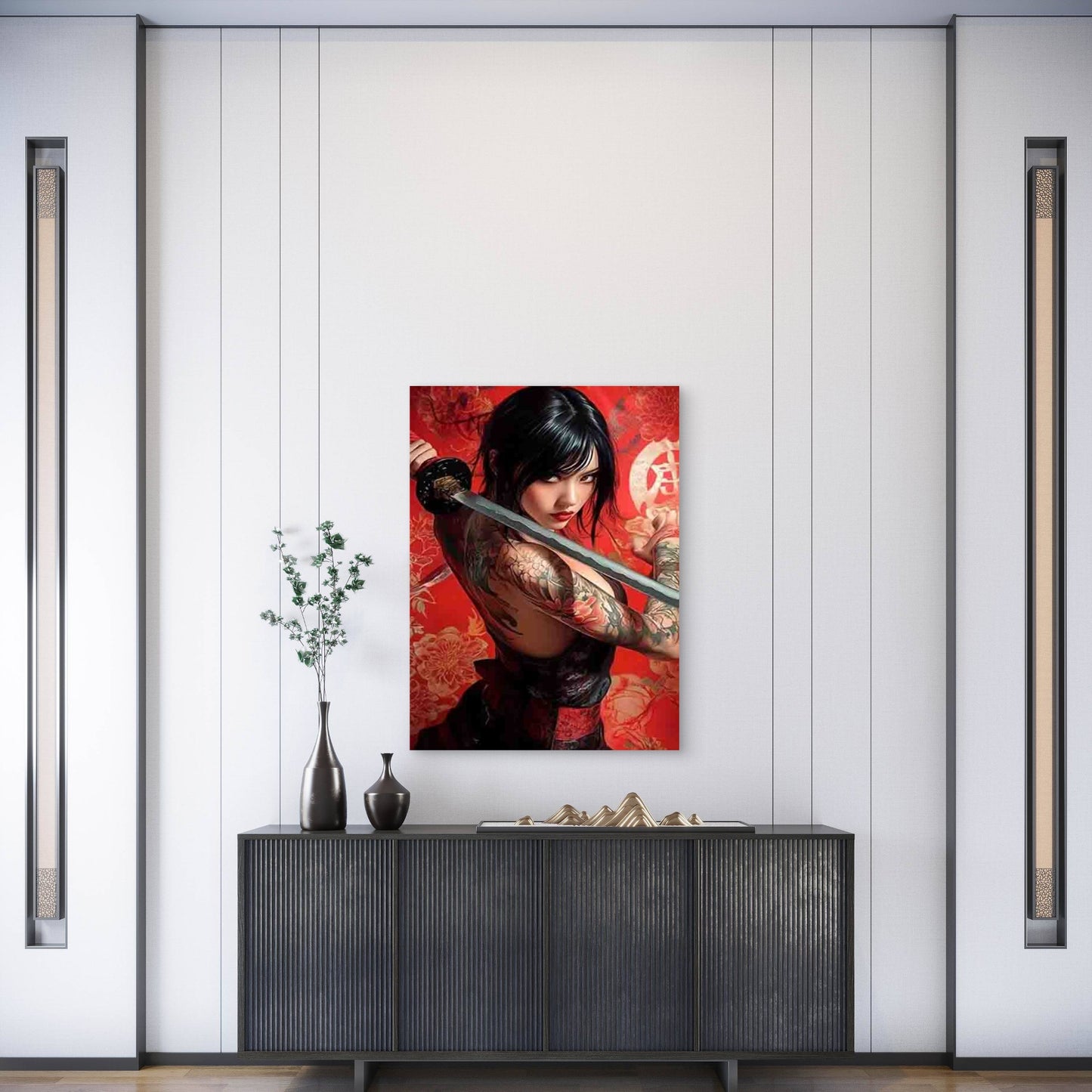 Tattooed Woman with Sword and Floral Patterns 60x90cm Metal Print Ready to Hang - Bella Home Decor