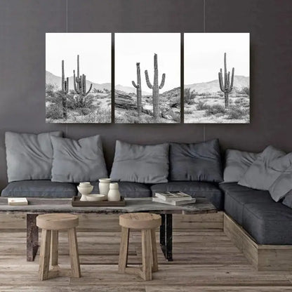 3pcs Black & White Desert Cactus Wall Art Set Canvas Framed 40x60cm - High Quality Print 100% Australian Made Wall Canvas Ready to Hang - Bella Home Decor