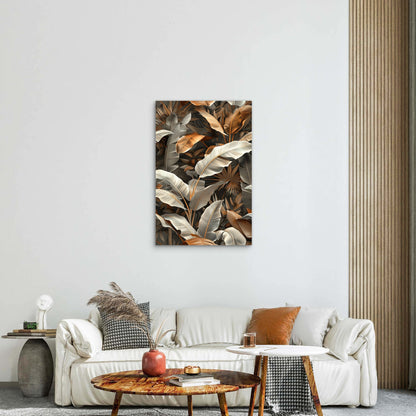 Modern Luxury Bronze Grey Tropical Leaves 40x60cm Metal Print Ready to Hang