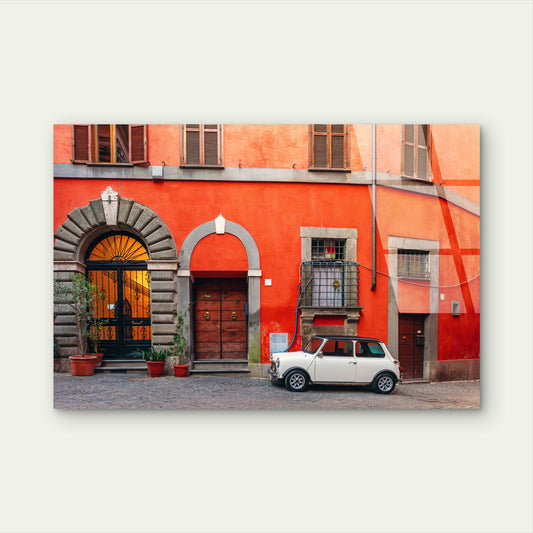 Classic White Mini Cooper Rome Street Acrylic Glass Printing Wall Art Australian Made Quality