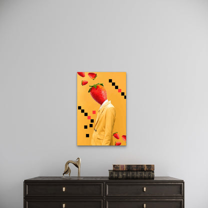 Person in a Yellow Suit with a Large Strawberry for a Head 60x90cm Metal Print Ready to Hang