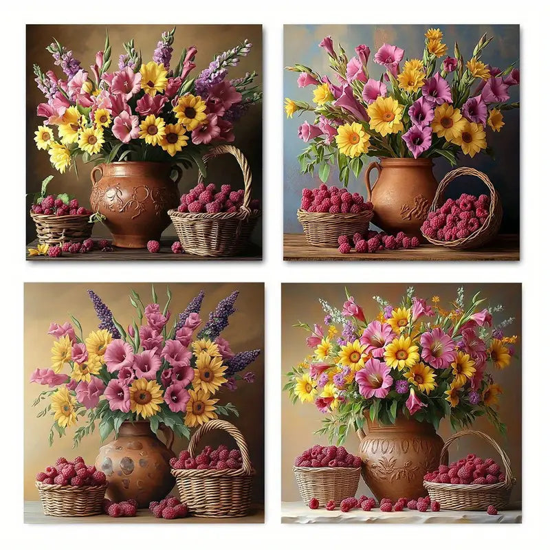 4pcs Sunflowers & Strawberries Bouquet In Rustic Wall Art Canvas Framed