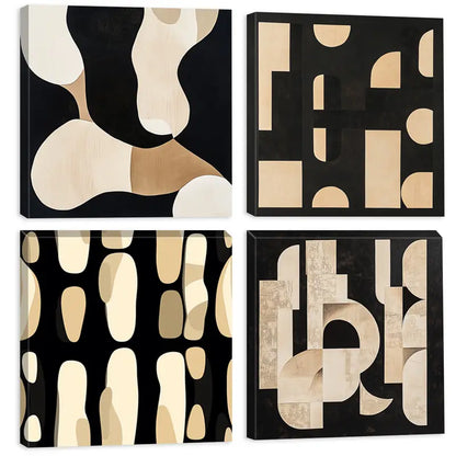 4pcs Black Background Square Wall Art, Beige Wall Art Canvas Framed