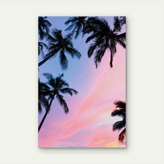 Coconut Palm Trees Silhouetted Against A Vibrant Pink And Blue Sunset Sky 60x90cm Metal Print Ready to Hang
