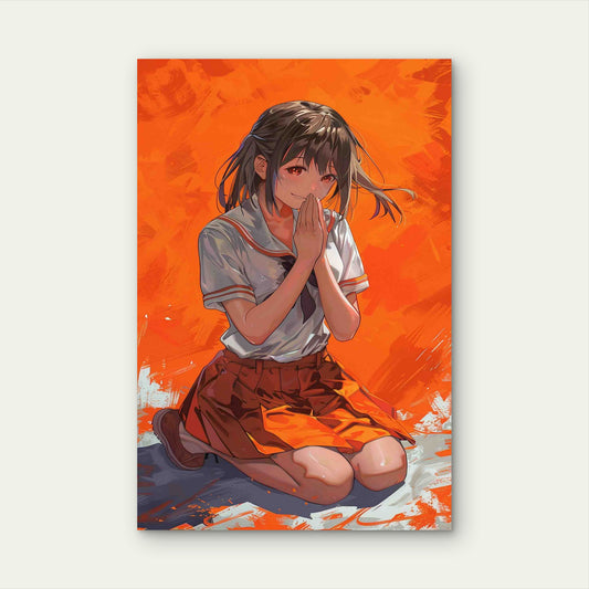 An Anime Girl In An Orange World 60x90cm Metal Print Ready to Hang