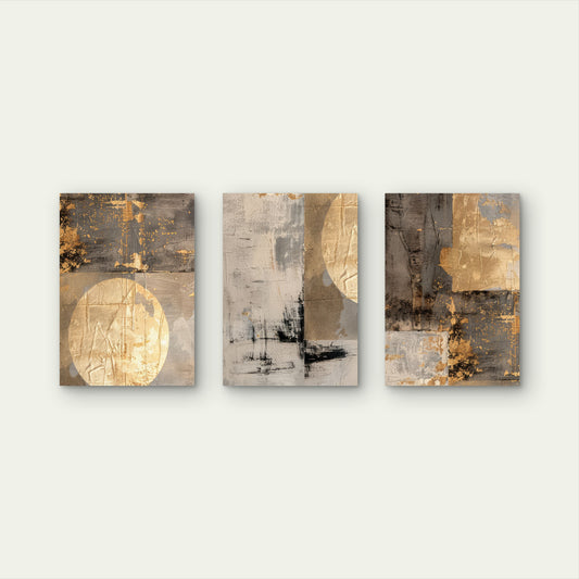 3pcs Modern Abstract Gold Grey Textured Wall Art Set Canvas Framed 40x60cm - High Quality Print 100% Australian Made Wall Canvas Ready to Hang