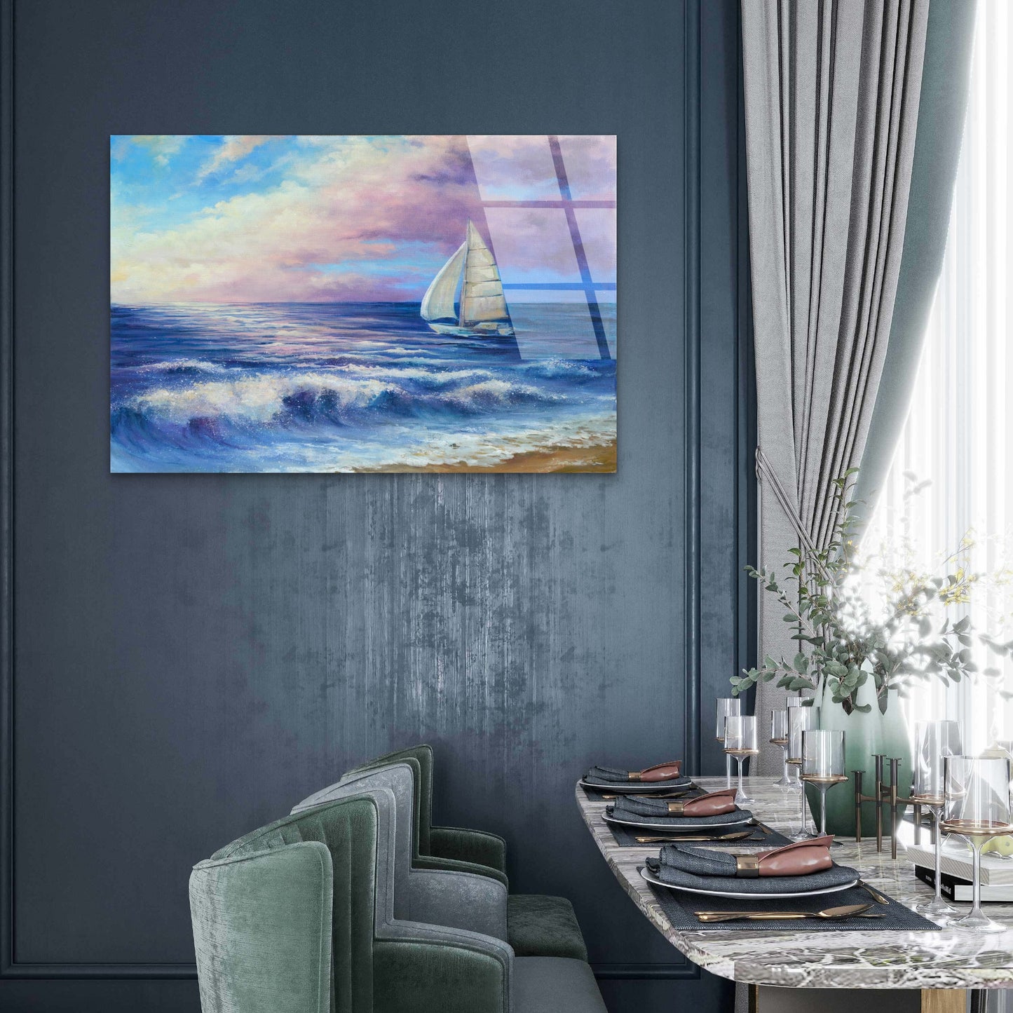 Vibrant Blue Sea Wave Beach Sailing  Acrylic Glass Printing Wall Art Australian Made Quality