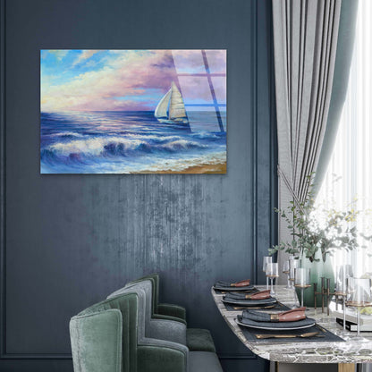 Vibrant Blue Sea Wave Beach Sailing  Acrylic Glass Printing Wall Art Australian Made Quality