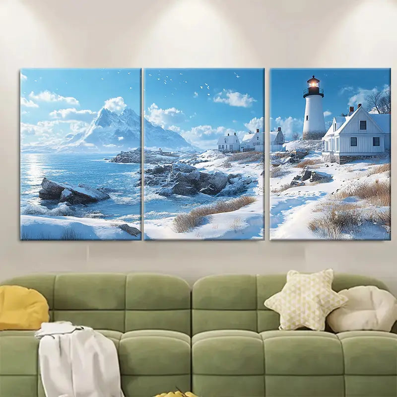 3pcs New England Winter Coastline Wall Art Set Canvas Framed 50x70cm - High Quality Print 100% Australian Made Wall Canvas Ready to Hang