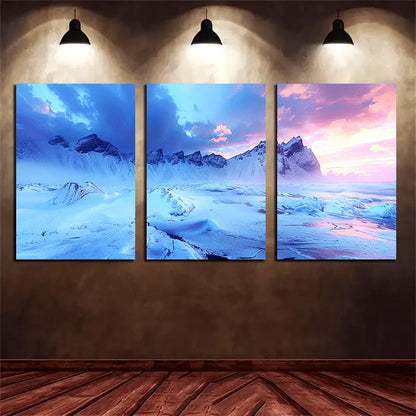 3pcs Snowy Mountain Purple Sky Metal Print Ready to Hang Art