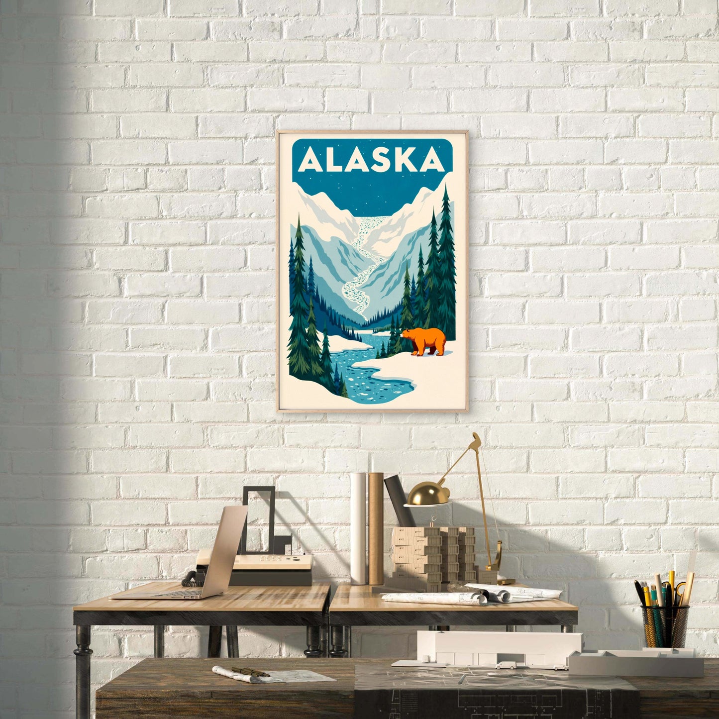 Alaska Wilderness Bear And Mountains Travel Poster Print Wall Art