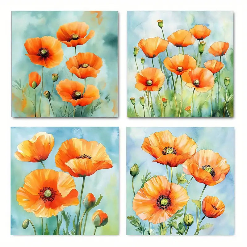 4pcs  Orange poppy blue leaves picture LP  Wall Art Canvas Framed