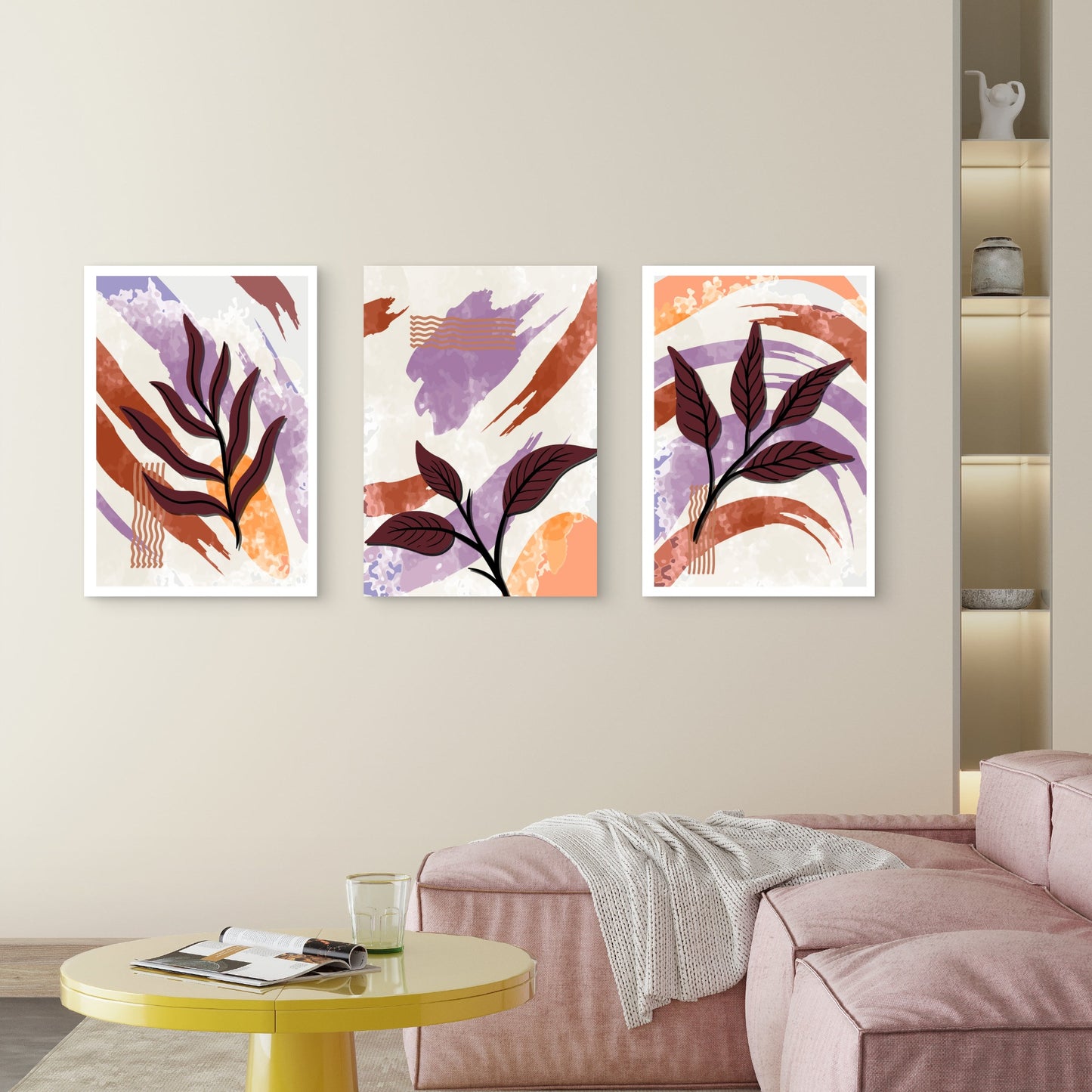 3pcs Purple Orange Boho Plant Leaves  Wall Art Set Canvas Framed 50x70cm - High Quality Print 100% Australian Made Wall Canvas Ready to Hang