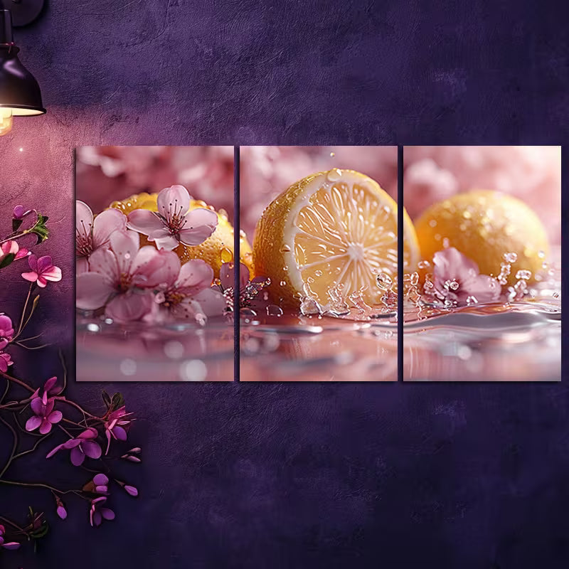 3pcs lemon and cherry blossom in water Wall Art Set Canvas Framed 40x60cm - High Quality Print 100% Australian Made Wall Canvas Ready to Hang