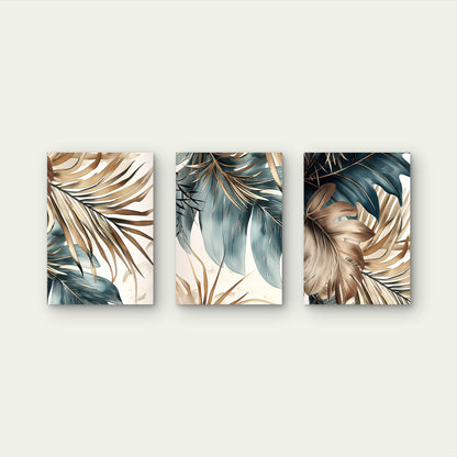 3pcs Gold Teal Tropical Palm Leaf Boho   Wall Art Set Canvas Framed 40x60cm - High Quality Print 100% Australian Made Wall Canvas Ready to Hang