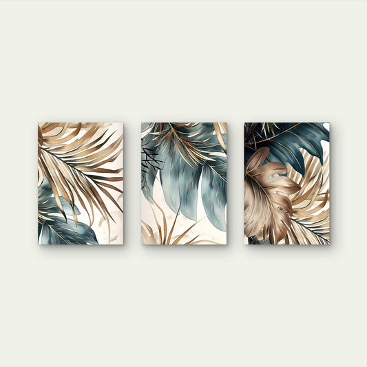 3pcs Gold Teal Tropical Palm Leaf Boho Wall Art Set Canvas Framed 60x90cm - High Quality Print 100% Australian Made Wall Canvas Ready to Hang