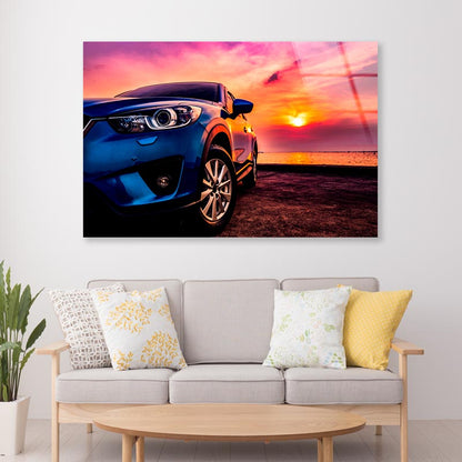 Blue Compact SUV Car Sea At Sunset Acrylic Glass Print Tempered Glass Wall Art 100% Made in Australia Ready to Hang - Bella Home Decor