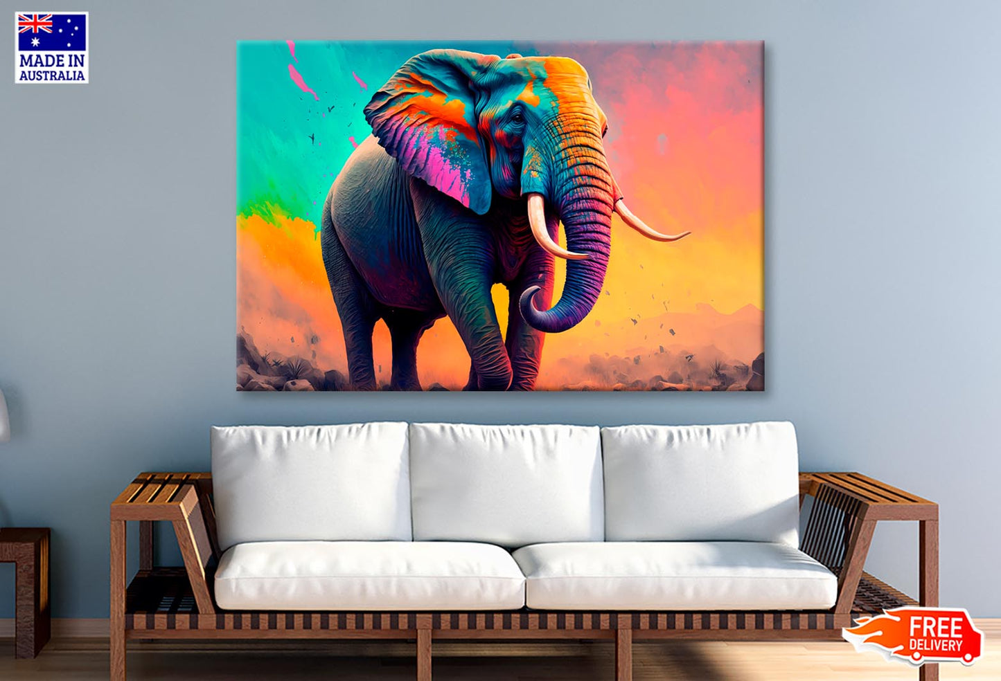 Elephant With Colorful Paint Wall Art Decor 100% Australian Made