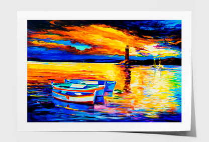 Beautiful Sunset and Boats Oil Painting Wall Art Limited Edition High Quality Print Unframed Roll Canvas None