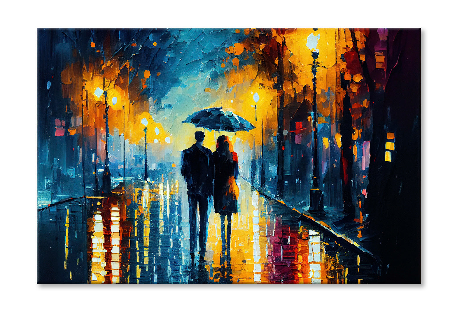 Couple with Umbrella Walking on Road Painting Wall Art Limited Edition High Quality Print Stretched Canvas None