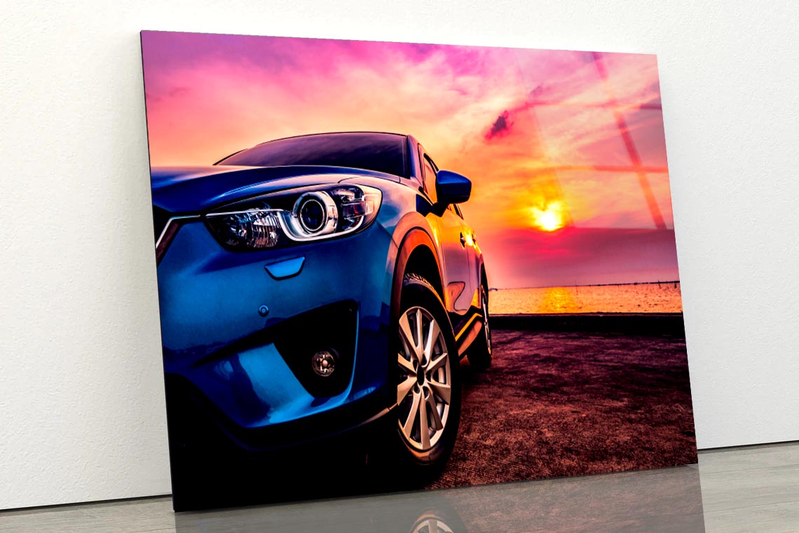 Blue Compact SUV Car Sea At Sunset Acrylic Glass Print Tempered Glass Wall Art 100% Made in Australia Ready to Hang - Bella Home Decor