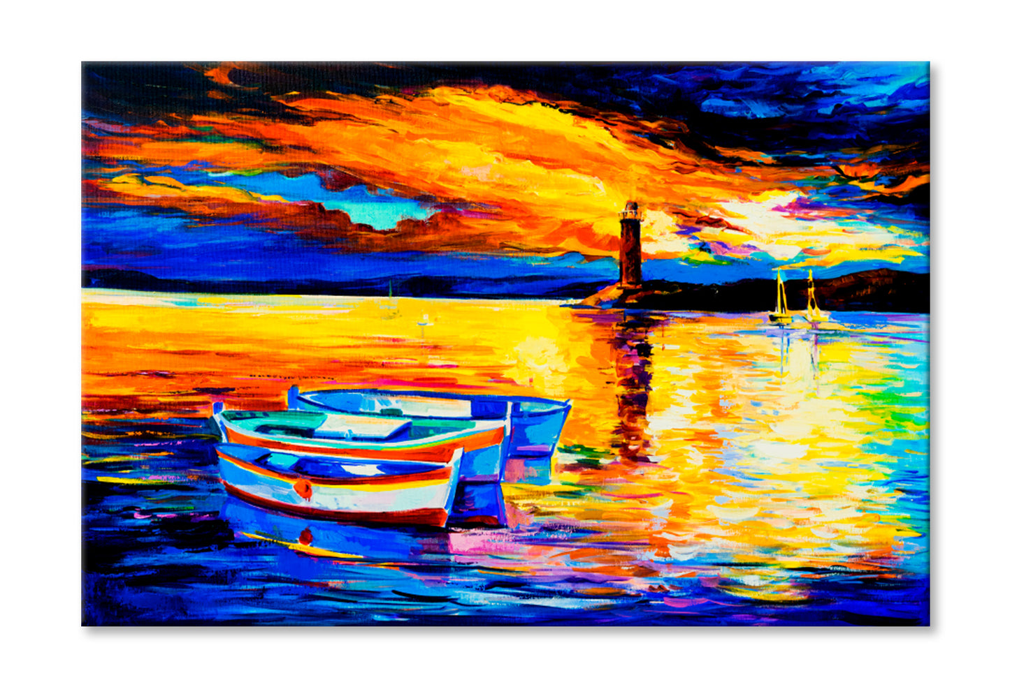 Beautiful Sunset and Boats Oil Painting Wall Art Limited Edition High Quality Print Stretched Canvas None