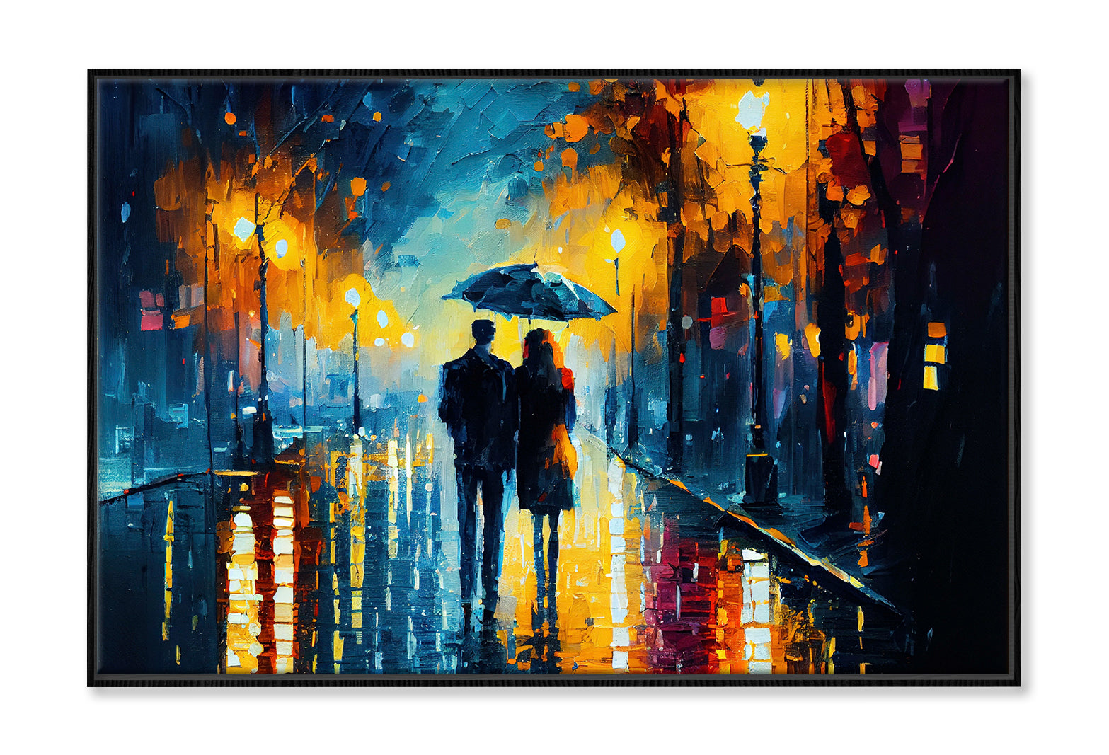 Couple with Umbrella Walking on Road Painting Wall Art Limited Edition High Quality Print Canvas Box Framed Black