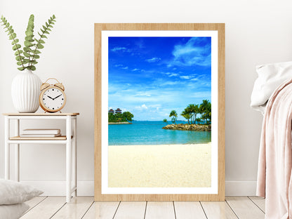 Tropical Secluded Lagoon Beach View Photograph Glass Framed Wall Art, Ready to Hang Quality Print With White Border Oak