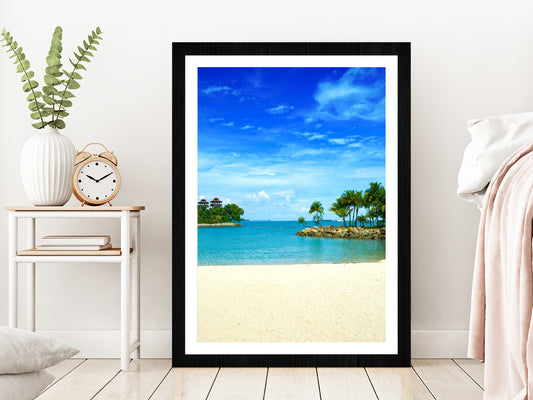 Tropical Secluded Lagoon Beach View Photograph Glass Framed Wall Art, Ready to Hang Quality Print With White Border Black