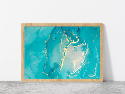 Blue & Gold Marble Painting Glass Framed Wall Art, Ready to Hang Quality Print Without White Border Oak