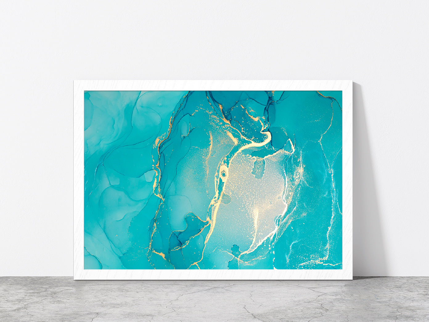 Blue & Gold Marble Painting Glass Framed Wall Art, Ready to Hang Quality Print Without White Border White