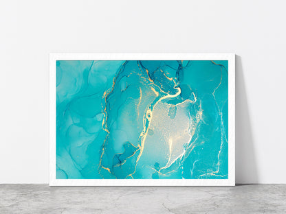 Blue & Gold Marble Painting Glass Framed Wall Art, Ready to Hang Quality Print Without White Border White