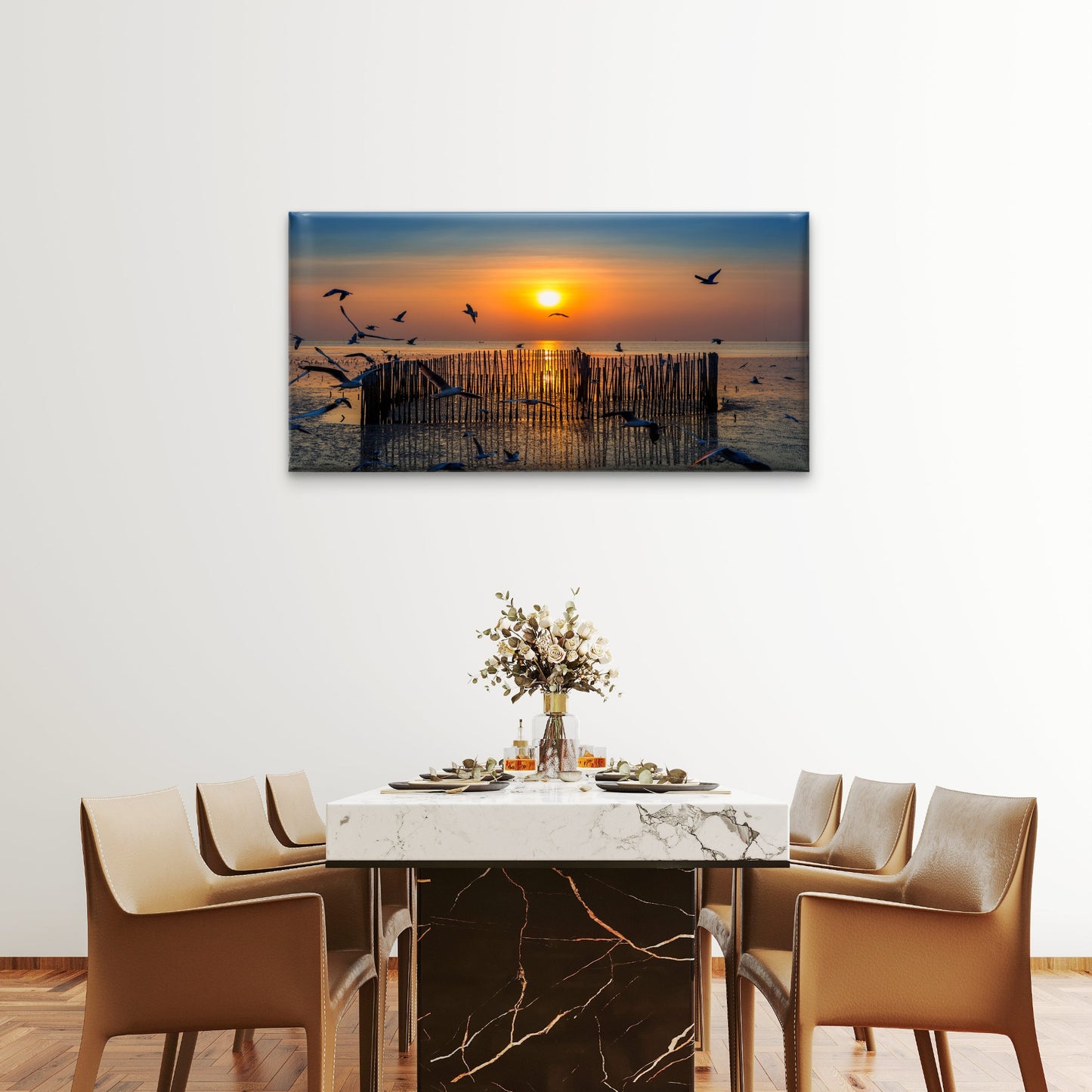 Sunset With Silhoutte Birds Flying Wall Art Canvas Office Home Room Framed 120x60cm