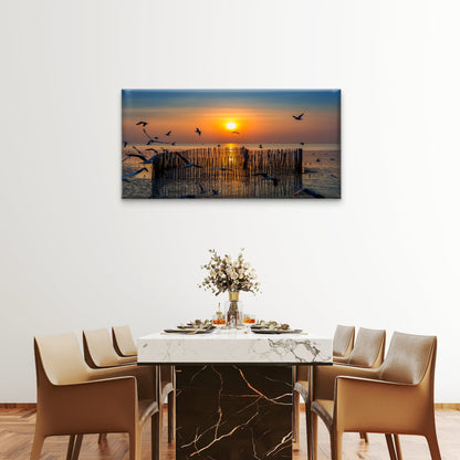 Sunset With Silhoutte Birds Flying Wall Art Canvas Office Home Room Framed 120x60cm