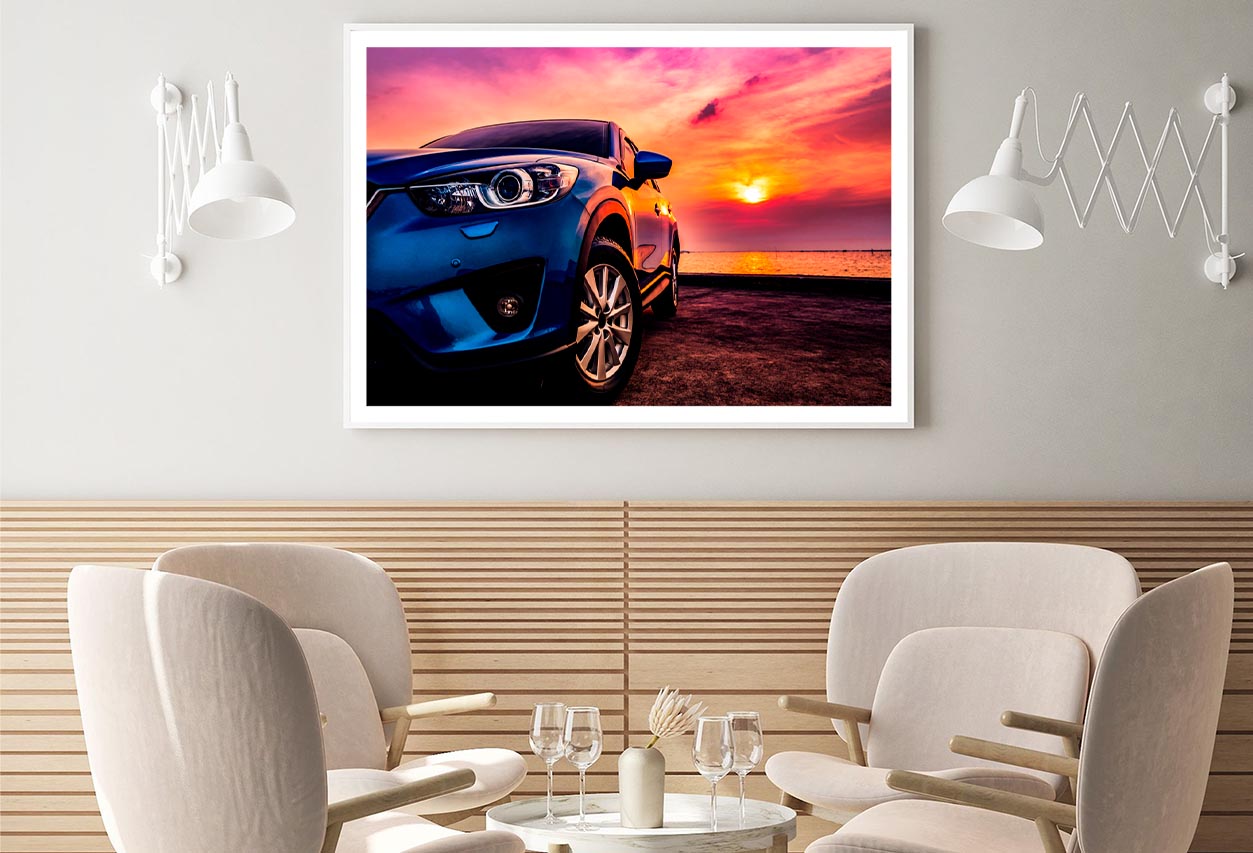 Blue Compact SUV Car Sea At Sunset Home Decor Premium Quality Poster Print Choose Your Sizes