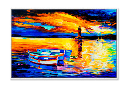 Beautiful Sunset and Boats Oil Painting Wall Art Limited Edition High Quality Print Canvas Box Framed White