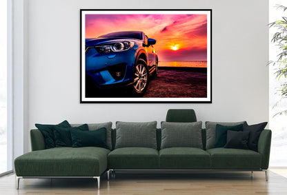 Blue Compact SUV Car Sea At Sunset Home Decor Premium Quality Poster Print Choose Your Sizes