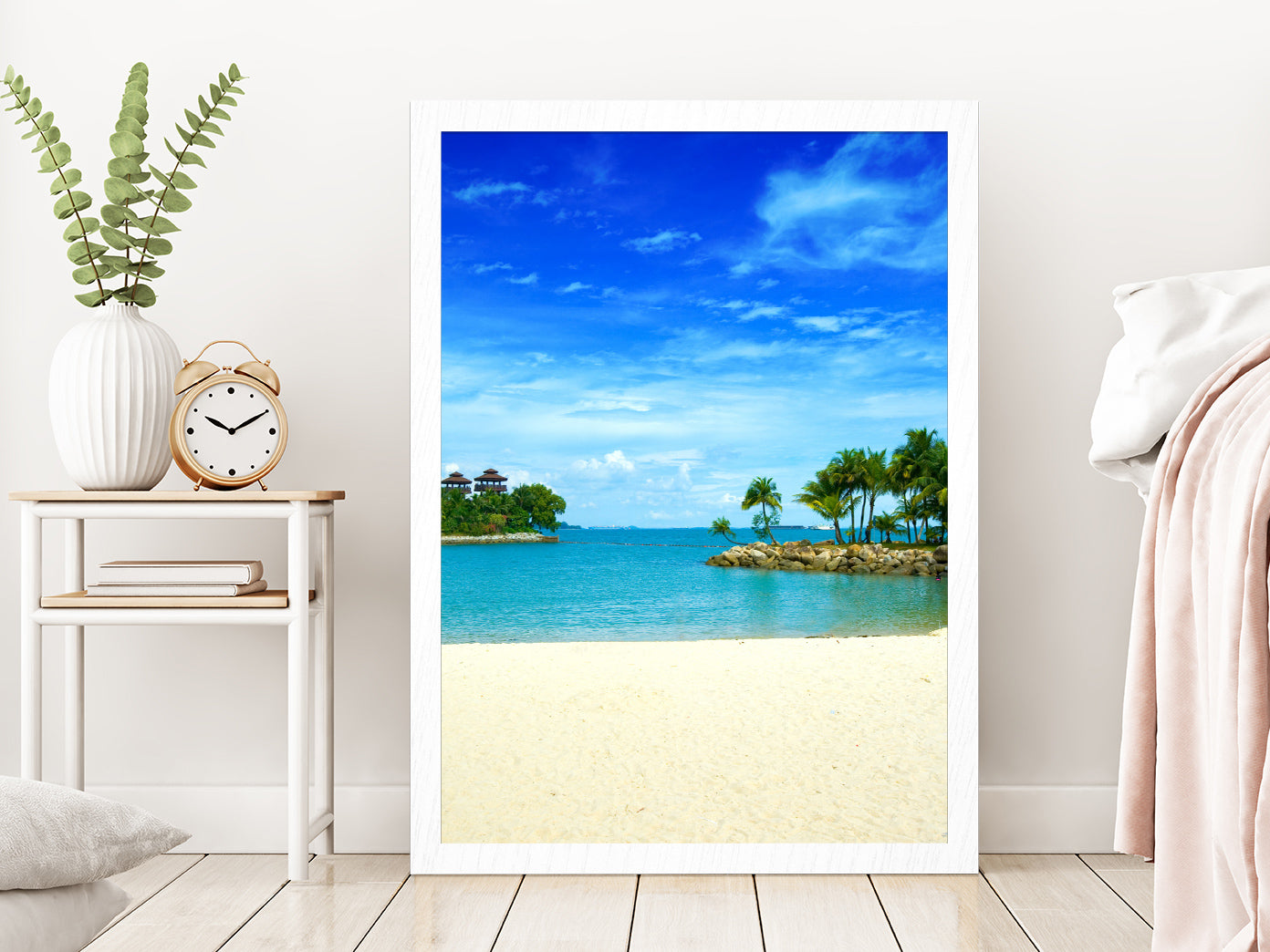 Tropical Secluded Lagoon Beach View Photograph Glass Framed Wall Art, Ready to Hang Quality Print Without White Border White