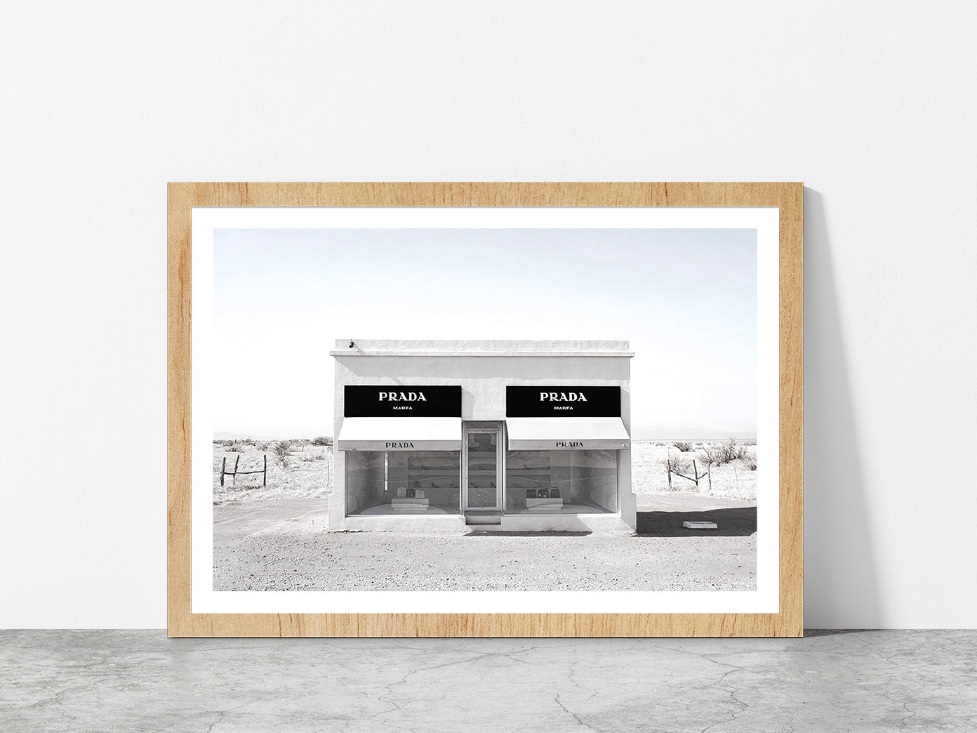 Fashion Store in Desert Faded Photograph Glass Framed Wall Art, Ready to Hang Quality Print With White Border Oak