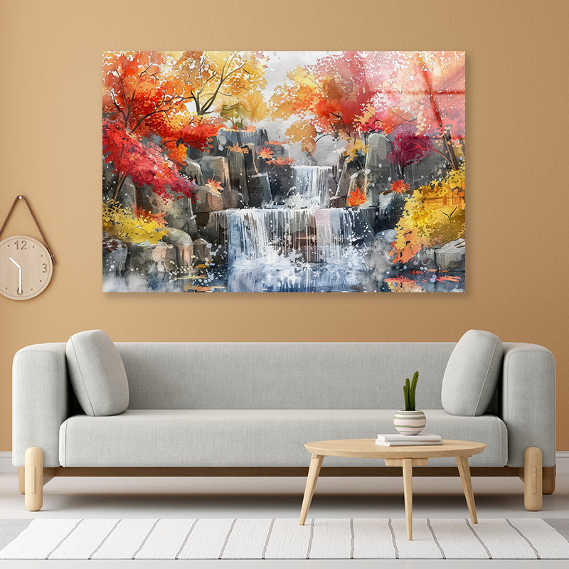 Waterfall Painting with Trees Acrylic Glass Print Tempered Glass Wall Art 100% Made in Australia Ready to Hang - Bella Home Decor