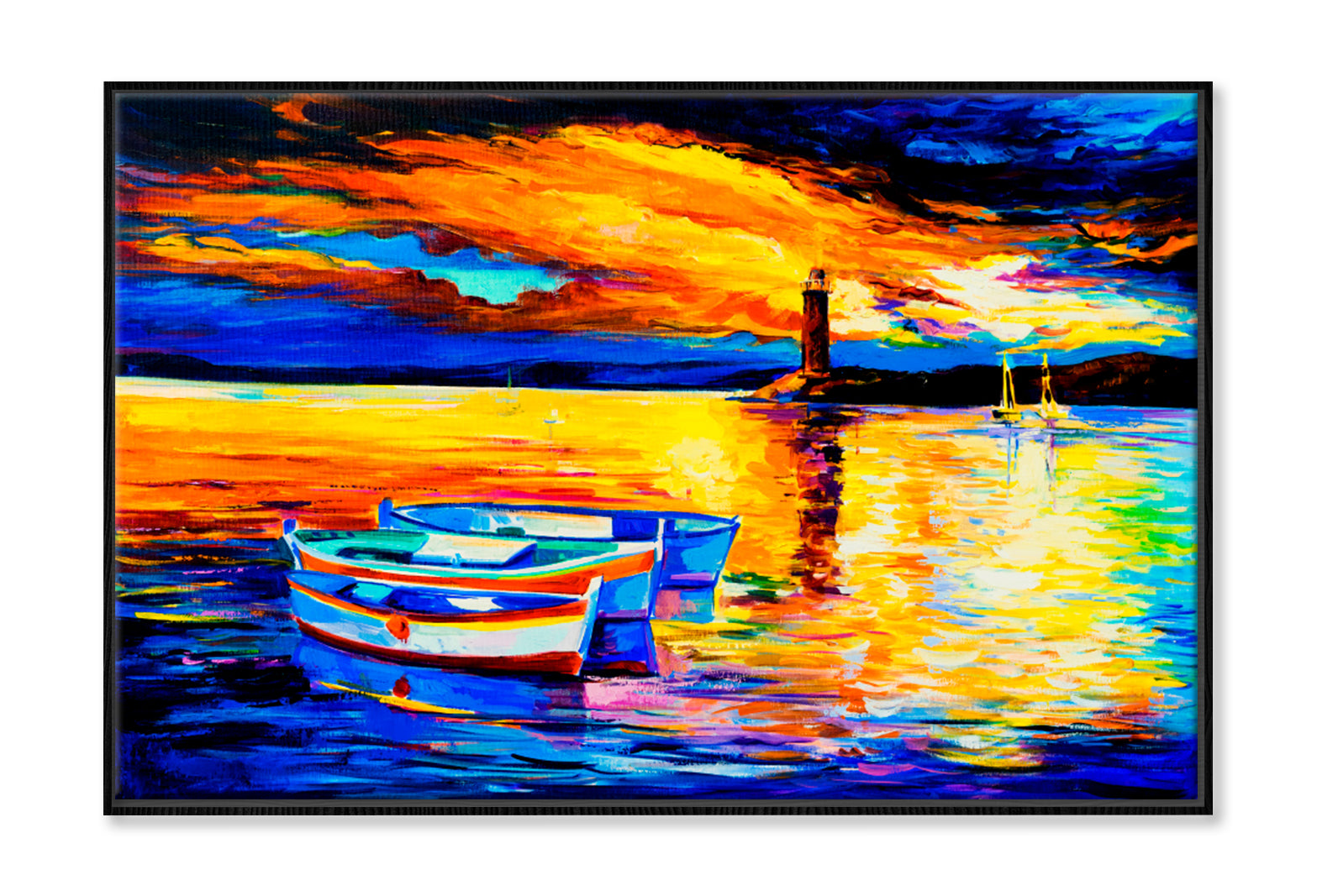 Beautiful Sunset and Boats Oil Painting Wall Art Limited Edition High Quality Print Canvas Box Framed Black