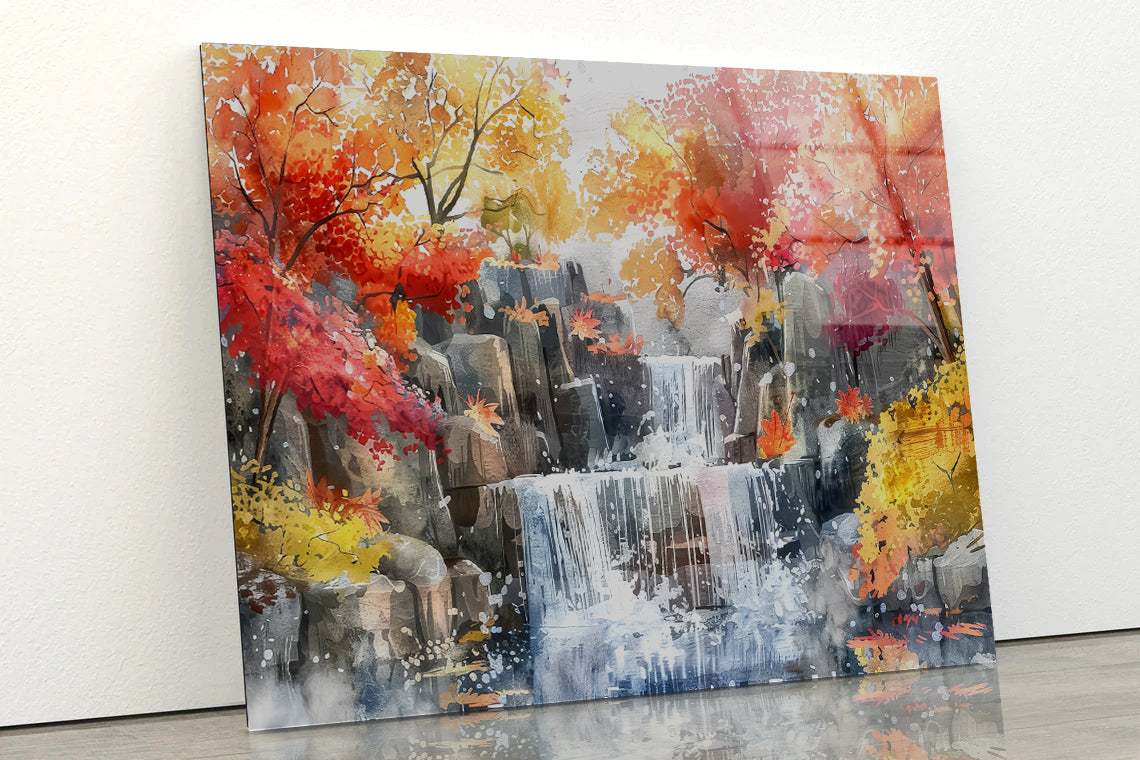 Waterfall Painting with Trees Acrylic Glass Print Tempered Glass Wall Art 100% Made in Australia Ready to Hang - Bella Home Decor