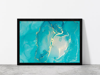 Blue & Gold Marble Painting Glass Framed Wall Art, Ready to Hang Quality Print Without White Border Black