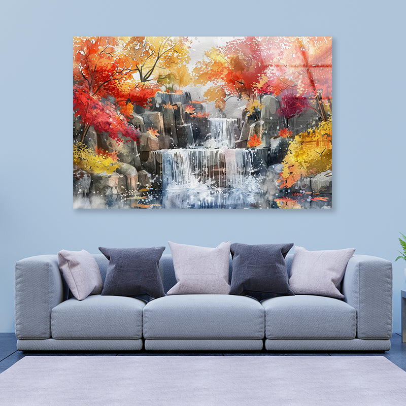 Waterfall Painting with Trees Acrylic Glass Print Tempered Glass Wall Art 100% Made in Australia Ready to Hang - Bella Home Decor