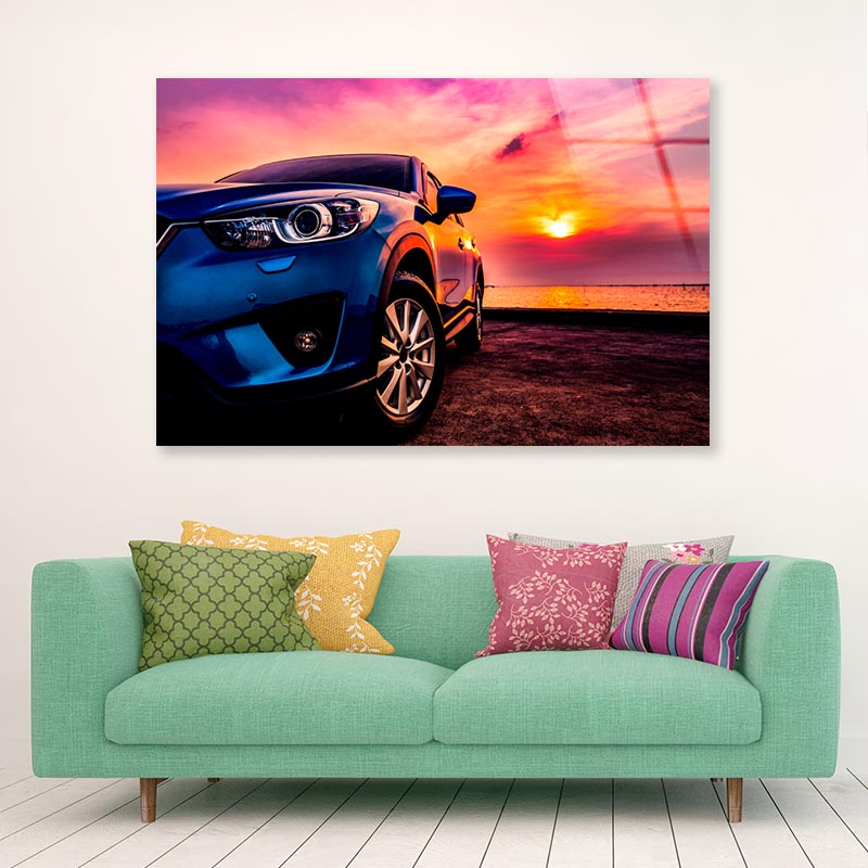 Blue Compact SUV Car Sea At Sunset Acrylic Glass Print Tempered Glass Wall Art 100% Made in Australia Ready to Hang - Bella Home Decor