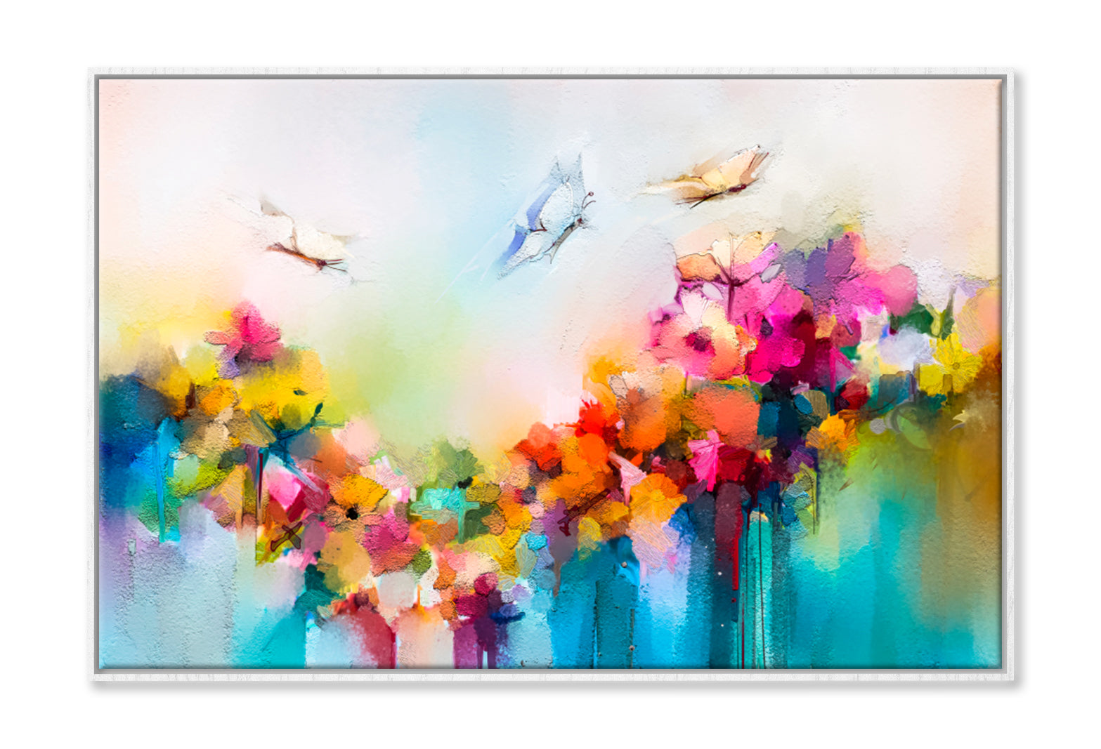 Butterfly Flying Over Spring Flower Oil Painting Wall Art Limited Edition High Quality Print Canvas Box Framed White